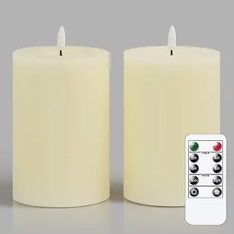 Flameless Flickering D: 4" H: 6" Real Wax Ivory Remote Candles with Candle Grease, Pack of 2 Timer LED Battery Operated Fake Warm Light Pillar Candles for Home, Banquet, Ceremony Decoration