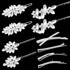 10 PCS Rhinestone Hair Clips 2.5 Inch Elegant Wedding Bridal Silver Bobby Pins Crystal Fancy Hair Accessories for Women(Fashion)
