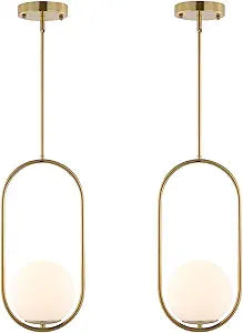BYOLIIMA Modern Gold Globe Pendant Light Mid Century Chandelier 1-Light Brushed Brass Ceiling Hanging Lighting Fixture with White Globe Glass Lampshade for Kitchen Island Dining Room Bedroom (2 Pack)