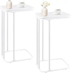 KJGKK C Shaped End Table Set of 2, Small Side Table for Sofa and Bed, Couch Tables That Slide Under, Tall Tv Tray Table for Living Room, Bedroom, Snow White