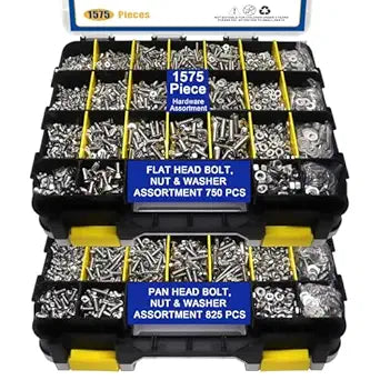 1575 PCS Nuts and Bolts Assortment Kit, Stainless Steel Phillips Pan Head & Flat Head Screws, Assorted Nuts Bolts Washers with Double Sided Organizer Box