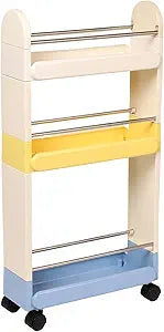 Mobile Slim Storage Cart, Three-Layer Storage Vehicle, Wheeled Multifunctional Storage Rack, Narrow Organization Rack for Bathroom, Kitchen and Living Room, Space Saving Mobile Rack (Blue and Yellow)