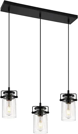 Pendant Lighting for Kitchen Island, Modern Glass Pendant Light Linear Chandelier for Dining Room Industrial Hanging, 3 Light Fixture Adjustable Cord Farmhouse Ceiling Light Black Finish