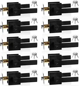 Matte Black Door Handle Heavy Duty Exterior Door Handle with Lock and Keys Reversible Square Door Lever Door Knob with Lock Door Lever for Bedroom, Bathroom, Rooms(Keyed Entry, 10 Pack)