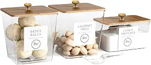 3 Pack Acrylic Laundry Room Organization Containers with Gold & Wood Knobs Laundry Pods Container & Detergent Organizer Set | Clear Laundry Jars | Scoops & Customizable Labels | Storage Canisters