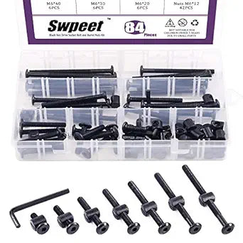 Swpeet 84Pcs Black M6 20/30/40/50/60/70/80mm Crib Hardware Screws Kit, Hex Socket Head Cap Cribs Baby Bed Bolt and Barrel Nuts with 1 x Allen Wrench Perfect for Furniture, Cots, Cribs Screws