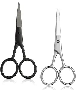 2PCS Small Grooming Scissors for Men and Women, Facial Hair Trimming Scissors with Straight & Rounded Safety Tips for Eyebrows, Nose Hair, Beard, Mustache, Eyelashes, and Ear Hair - Silver & Black
