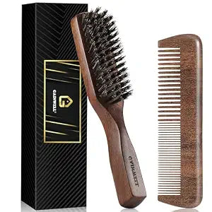 GAINWELL Mens Hair Brush Beard Comb Set, Slick Back Boar Bristle Hair Brush with Stiff Bristles for Thick Hair, Natural Black Walnut Gold Sandalwood Handle, Beard Mustache Brushes Comb Kit