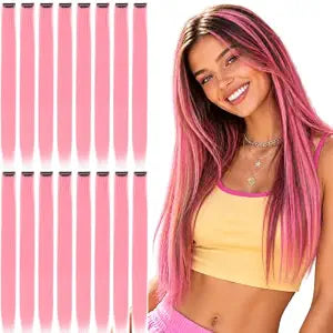 Pink Hair Extensions Clip in, 16 Pcs Colored Hair Highlights for Girls