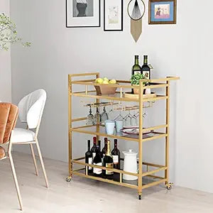 TIEOU Gold Bar Carts with 3 Tier Glass Shelves, Rolling Serving Bar Cart with Wine Rack and Glass Holder