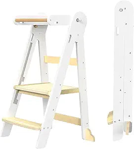 Grownsy Foldable Step Stool Toddler Tower, Toddler Kitchen Stool Helper, Collapsible Kids Standing Tower with 3 Adjustable Heights for Kitchen Bathroom Sink Counter (White)