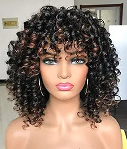 Curly Afro Wigs for Black Women Kinky Curly Wig with Bangs Synthetic Fiber Natural Looking Glueless Hair for Daily Wear
