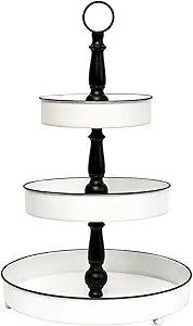 Decorative 3 Tiered Metal Tray Stand Fruit Tray with Handle for Kitchen, Dining Room, Bathroom, Shelf Coffee Bar Table, Modern Farmhouse Seasonal Display Tiered Tray Decor, Black and White