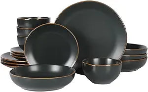 Gibson Home Hazeltine 16-Piece Black Stoneware Dinnerware Set Plates and Bowls, Durable Ceramic Kitchen Dinner Set