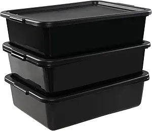 3-Pack 13 L Plastic Commercial Bus Tub with Lid, Restaurant Dish Tub, 4.7" Deep, Black