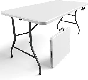5FT Folding Table, Heavy Duty Plastic Folding Table with Carry Handle, Fold-in-Half Portable Utility Table with Steel Legs for Indoor Outdoor, Party, Picnic, Camping, Wedding, Banquet, Dining