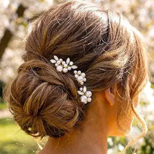 Heread Pearl Bride Wedding Hair Pins Crystal Bridal Headpiece Hair Accessories for Women and Girls (Pack of 3) (Gold)
