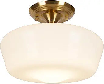 Schoolhouse Style Semi Flush Mount Ceiling Light Fixture, 12" Modern Gold Hallway Ceiling Lamp with Opal Milk Glass Shade Brass, Farmhouse Globe Light for Bedroom Kitchen Hallway Entryway Laundry