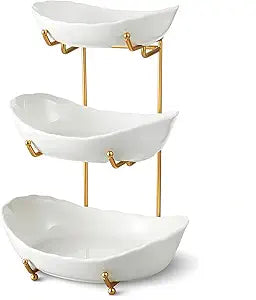 Ceramic Fruit Bowl for Kitchen Counter - 3 Tier Fruit Basket with Metal Stand, Tiered Fruit Stand for Countertop, Snack, Nuts, Cake, Dessert, Cute (Gold, Small) 1