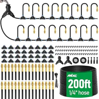 MIXC 200Ft 1/4" Drip Irrigation System,2026-Upgrade Garden Irrigation Kit with 32pcs Adjustable Copper Nozzles, Atomizing Watering System for Outdoor Plants,Raised Bed,Yard,Potted Plant,Lawn