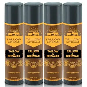 Untamed Organics Pure Tallow Lip Balm | 100% Grass-Fed Beef Tallow and Organic Beeswax | Moisturizing Lip Care for Dry, Chapped Lips | Hypoallergenic, Fragrance-Free | Handcrafted in USA | 4-Pack