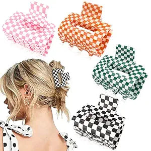 Ahoney 4 Pack Checkered Hair Claw Clips for Thin Hair Y2k Hair Accessories