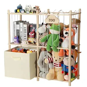 LAMU Stuffed Animal Storage and Kids Bookshelf, Wooden Toy Organizer with Large Toy Box Chest, Kids Bin Shelf Toys Box Bookcase, Stuffed Animal Zoo Holder for Bedroom Playroom Nursery