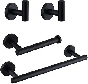 Matte Black Bathroom Accessories Kit 4-Pieces Bathroom Hardware Set SUS 304 Stainless Steel Round Wall Mounted - Includes 12" Hand Towel Bar, Toilet Paper Holder, 2X Robe Towel Hooks
