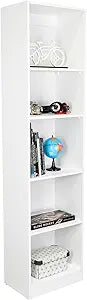 Tuhome Home XS Bookcase with Five-Tier Slim Shelving for Compact Display of Books, Decor and Keepsakes Featuring Space-Saving Vertical Design and Durable Engineered Wood Construction for Modern