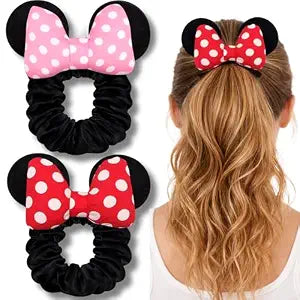 Styla Hair 2 Pack Mouse Ear Scrunchies, Red White Puff Dot