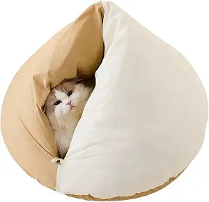 Cat Marshmallow Cave Bed, Plush Hideaway Washable Round Cushion for Indoor (Camel)
