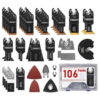 Adust 106 Pack Oscillating Saw Blades with Case, Universal Multitool Blades, Oscillating Tool Blade, Curved Blade/Extra Long/Titanium/Bi-Metal for Wood/Metal/Plastic Fit Dewalt Milwaukee Ryobi