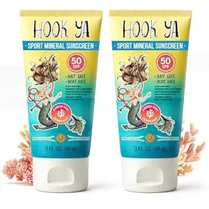 Hook'Ya Mineral Sunscreen SPF 50, Travel Size Sunscreen 3 oz (2 Pack), Non-Nano Zinc Oxide, Hawaii Reef Act 104 Compliant, Water Resistant, Sport Sunblock, Bottled in USA. PABA+Paraben Free