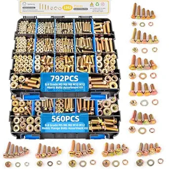 1352 PCS Metric Set of Hexagon Bolts & Flange Bolts -8.8 Grade, M5 M6 M8 M10 M12 Heavy-Duty Hexagonal Bolt and nut Set, Galvanized zinc, a Unique Double-Sided Outer Box