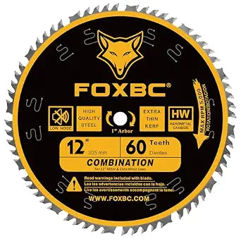 FOXBC 12 Inch Combination Miter Saw Blade, 60-Tooth, Wood Cutting with 1 Inch Arbor
