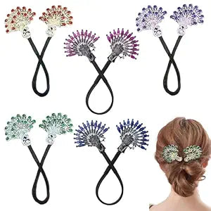 5 PCS Crystal Hair Bun Maker Peacock Shape Twist Hairstyle Bun Fashion Lazy Hair Curler Elegant Rhinestone Hair Clips Bun Maker for Long Hair, Easy Fast Snap Roll Hair Tool for Women Girls (2 Styles)