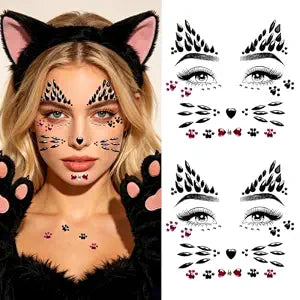 Crystal Cat Face Gem Stickers ��� 2 Sheets Cat Print Jewelry Face Gems, Sparkly Rhinestone Temporary Tattoos for Women, Black Cat Costume Accessories for Halloween Makeup & Party C