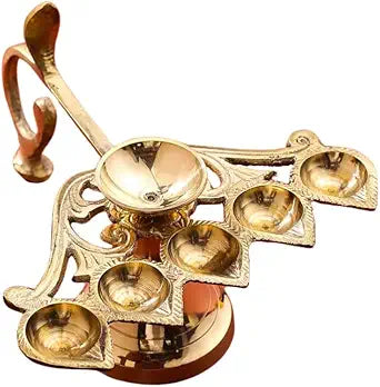 Hastha Kalalu Sacred Glow: Brass Elegant Panch Aarti Diya with Serpent Handle (3.5 Inch) - Traditional Indian Oil Lamp for Puja & Festivals|Aarti Ghee Deepak for Home,Golden Colour, Large