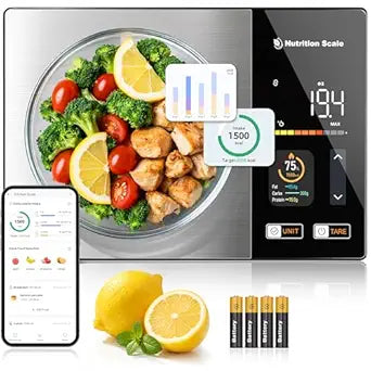 Smart Nutrition Scale - Calorie & Nutrients Tracker for Weight Loss, Fitness, Meal Prep, Free App Connected Food Scale with Barcode Scan, Food Preload & Color Display, 1g Precision, 11lb, Black