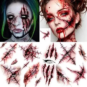 VANTATY 8 Sheets Scary Scratch Scar Tattoos Halloween Temporary Tattoos Face Sticker, Realistic Stitch Wound Injury Fake Scar Tattoos Halloween Costume Zombie Makeup Body Decals Rave Party Accessories