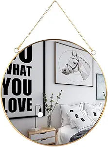 LONGWIN Hanging Wall Circle Mirror Decor Gold Geometric Mirror with Chain for Bathroom Bedroom Living Room 15.7"