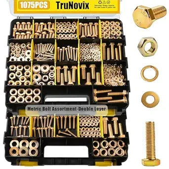 1075 Pcs Metric Bolts and Nuts Assortment Kit Grade 8.8 | M4 M5 M6 M8 M10 M12 Hex Head Yellow Zinc Bolt Set with Nuts & Washers | 12-40mm Length with Heavy Duty Double-Sided Organizer