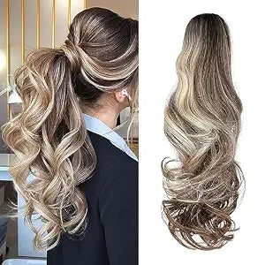 FELENDY Ponytail Extension Claw 18" 20" Curly Wavy Straight Clip in Hairpiece One Piece A Jaw Long Pony Tails for Women Dark Brown Mix Ombre Blonde