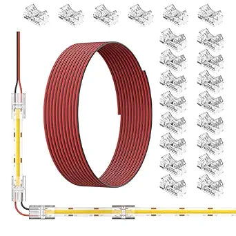 MIWISE 8mm LED Connectors Kit for 2-Pin COB LED Strip,16PCS Strip-to-Wire & 6PCS Gapless I-Shaped Solderless Transparent Connectors with 10ft Wire Extension Cable,for DIY Lighting,12V 24V 5V