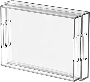 2 Pack Acrylic Serving Tray with Handle-17x12x2.4&16.2x11.2x2.4 Inch Clear Acrylic Trays Set for Kitchen,Bathroom -6mm Thick Large Stackable Display Organizer,Non Slip