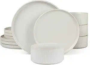 Famiware Star Dinnerware Sets, Plates and Bowls Set for 4, 12 Pieces Ribbed Dishes - Chip and Scratch Resistant, Microwave and Dishwasher Safe Tableware, Matte White