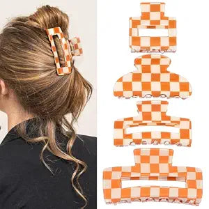 4Pcs Checkered Hair Claw Clips, Non-Slip Hair Jaw Clips for Thick, Thin, Curly, Straight, Long Hair, Simple Style Orange and White Square Claw Clips, Women's Hair Accessories