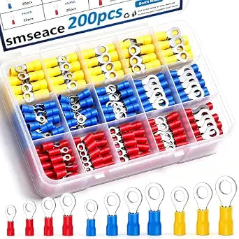 smseace 200pcs 12-Sizes(M3/M4/M5/M6) Insulated Ring Terminals 22-16/16-14/12-10AWG Electrical Crimp Terminal Connector Assortment Kit
