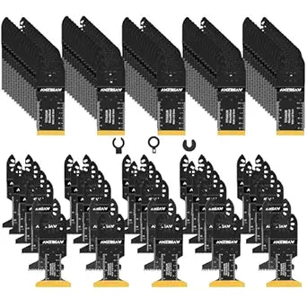 AMZBSAW 110PCS Oscillating Saw Blades Set, Professional Blades for Soft Metal Wood Plastics, Quick Release Multi Tool Blades Kits for Oscillating Tool Accessories