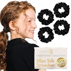 Curlfriend Mini Mulberry Silk Scrunchies for Women, Onyx Black, 4 Pack